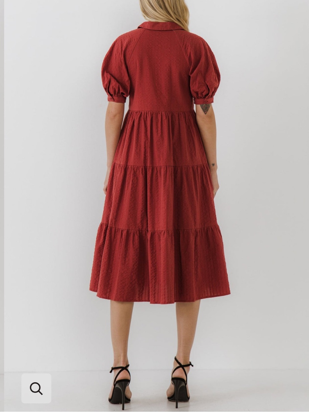 Free the Roses Rust Red Tiered V-Neck Midi Dress with Puff Sleeves - Picture 4 of 7